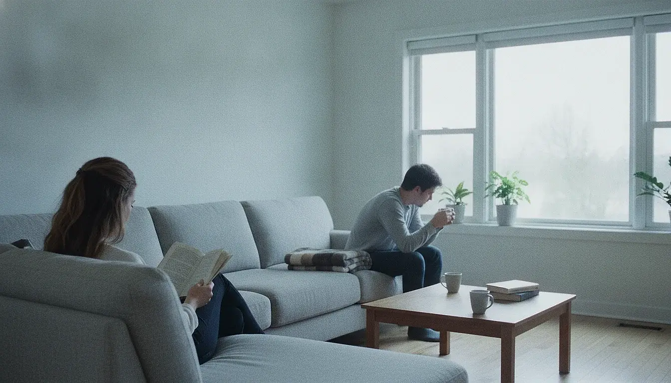 A woman reading at one end of a long sofa in a bright living room while a man sits at the far end turned toward the window, a wide empty stretch of cushion between them.